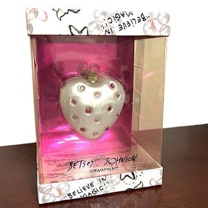 Betsey Johnson pink beaded heart Christmas ornament naughty or nice white & pink
